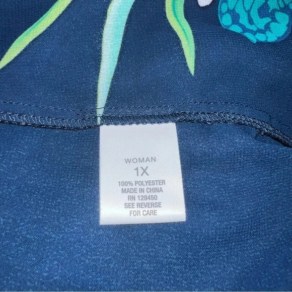 Roz & Ali Tie Front Button Up Blouse Women’s 1X Plus Navy Tropical Semi-Sheer - Picture 5 of 7